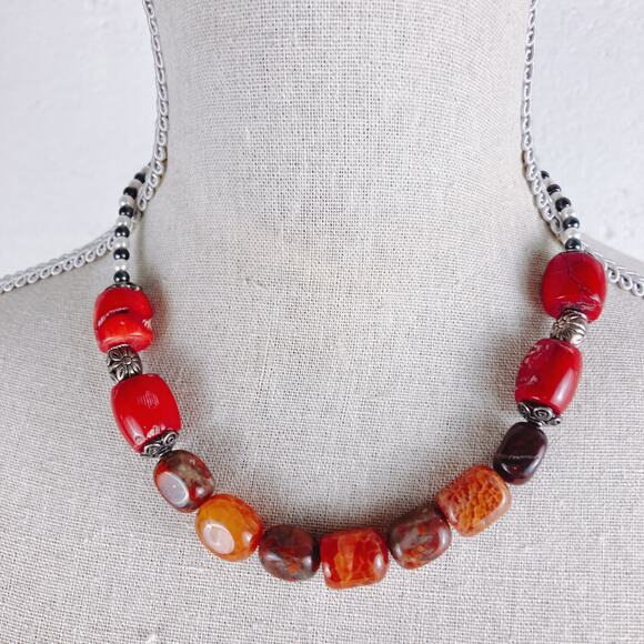 Fire Agate, Red Bamboo Coral Beaded Necklace Boho Tribal Semi-Precious Gemstones - Picture 7 of 11